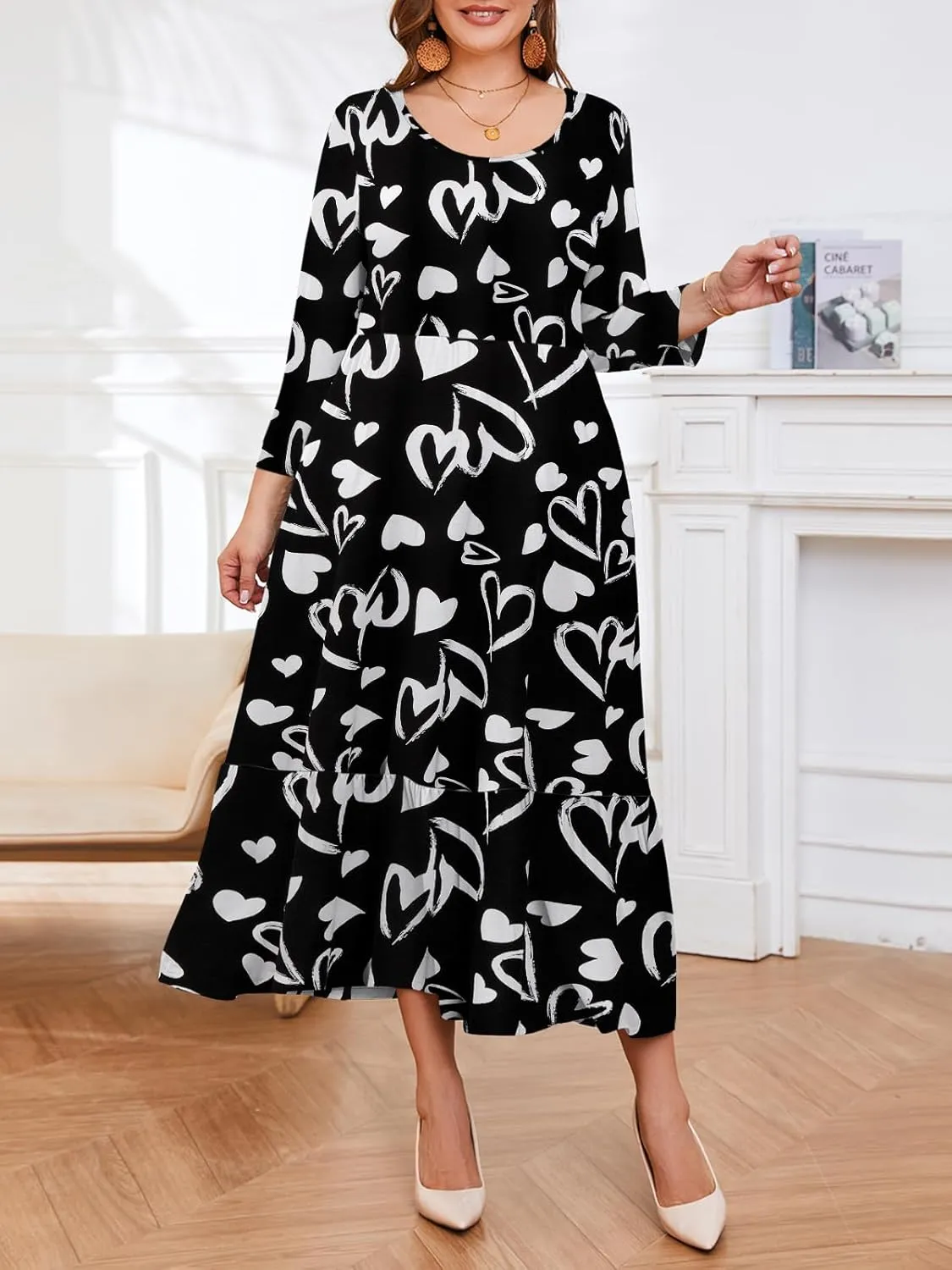 LARACE 3/4 Sleeve Dresses for Women Plus Size Casual Long Maxi Fall Winter Dress with Pockets (L-6XL)
