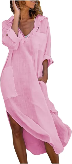 Linen Maxi Dress for Women Button Down Vacation Dress Casual Beach Dresses 2025 Flowy Summer Sun Dress with Pockets