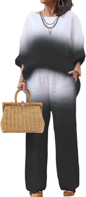 Linen Set for Women Casual Long Sleeve Gradient Color Loose Pant Plus Size Pants Sets Women 2 Piece Outfits