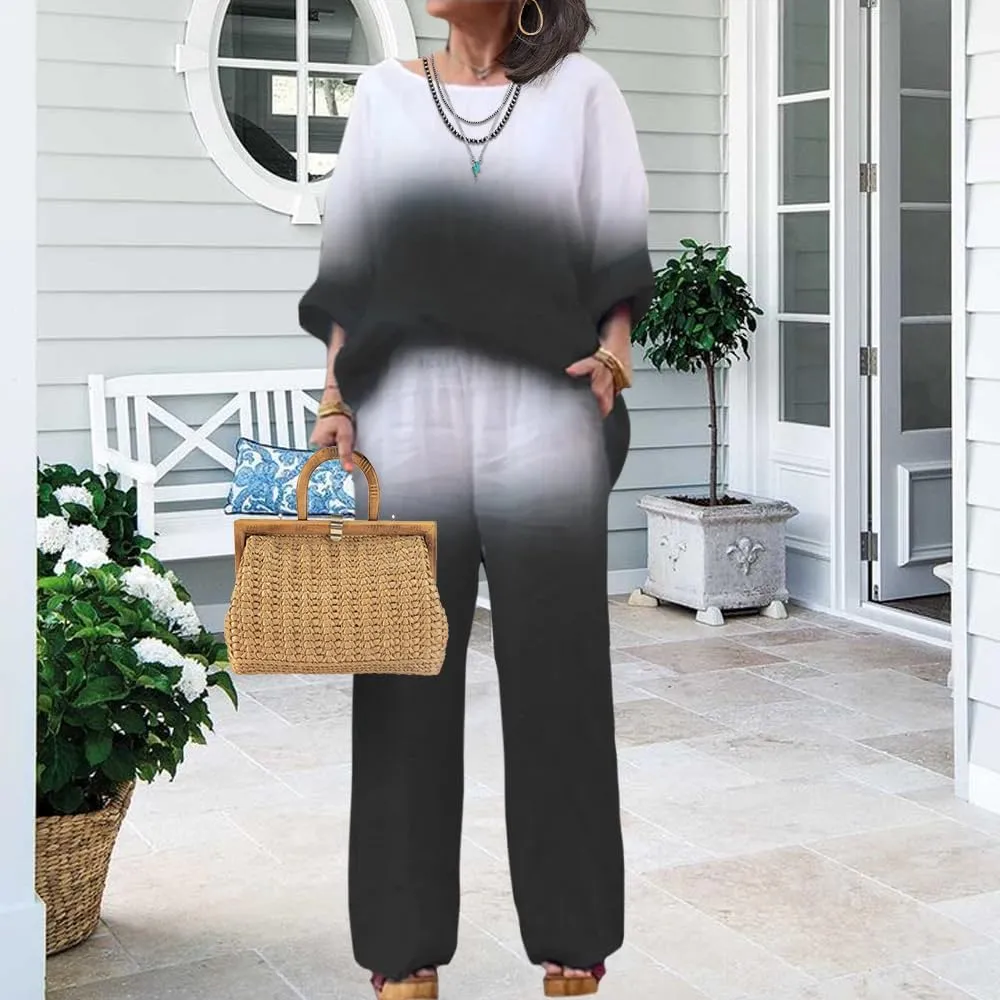 Linen Set for Women Casual Long Sleeve Gradient Color Loose Pant Plus Size Pants Sets Women 2 Piece Outfits