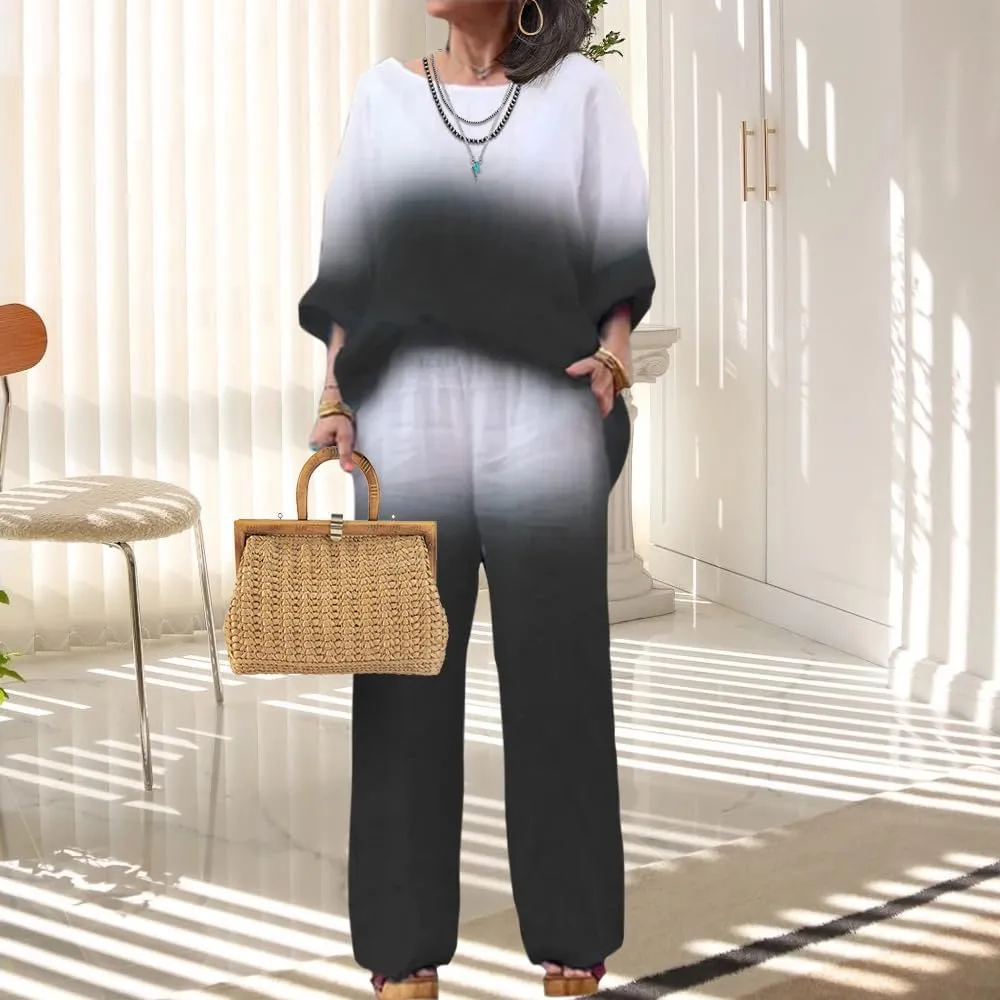 Linen Set for Women Casual Long Sleeve Gradient Color Loose Pant Plus Size Pants Sets Women 2 Piece Outfits