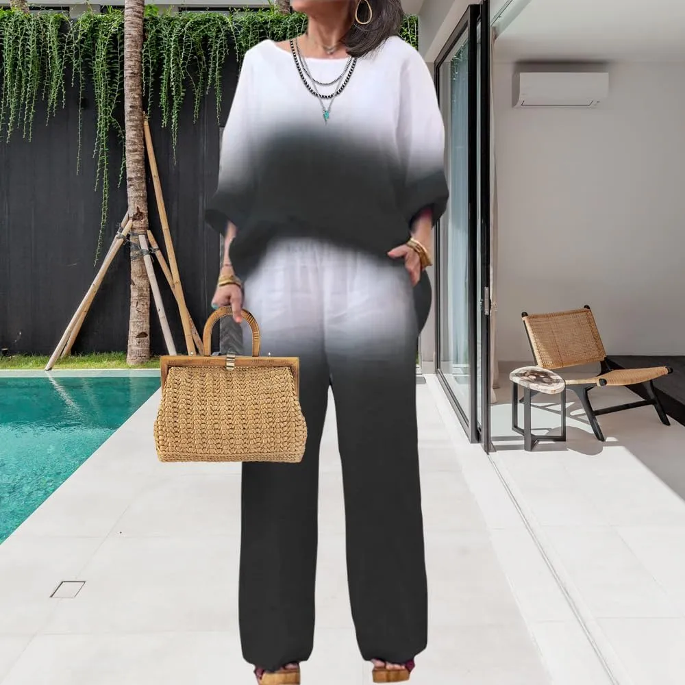 Linen Set for Women Casual Long Sleeve Gradient Color Loose Pant Plus Size Pants Sets Women 2 Piece Outfits