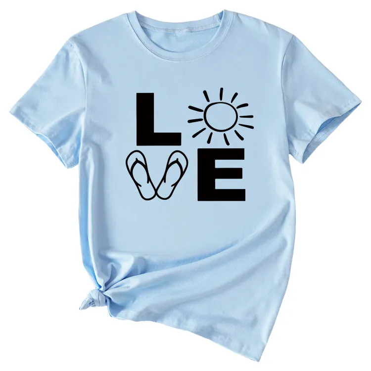 LOVE Fun Pattern Women's Loose Round Neck Short Sleeve Top Shirt