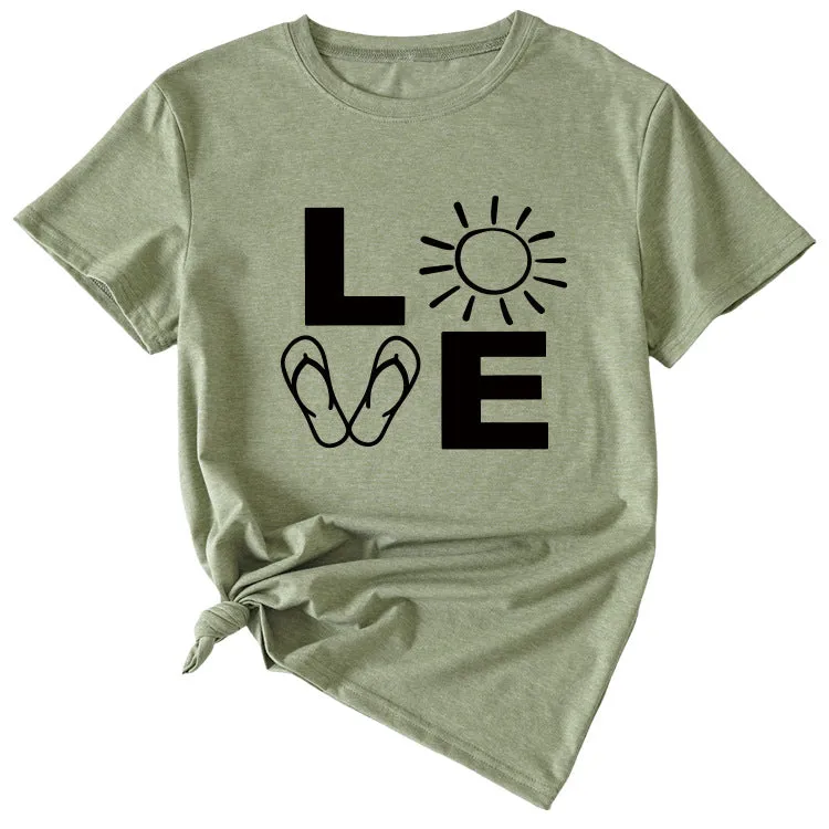 LOVE Fun Pattern Women's Loose Round Neck Short Sleeve Top Shirt