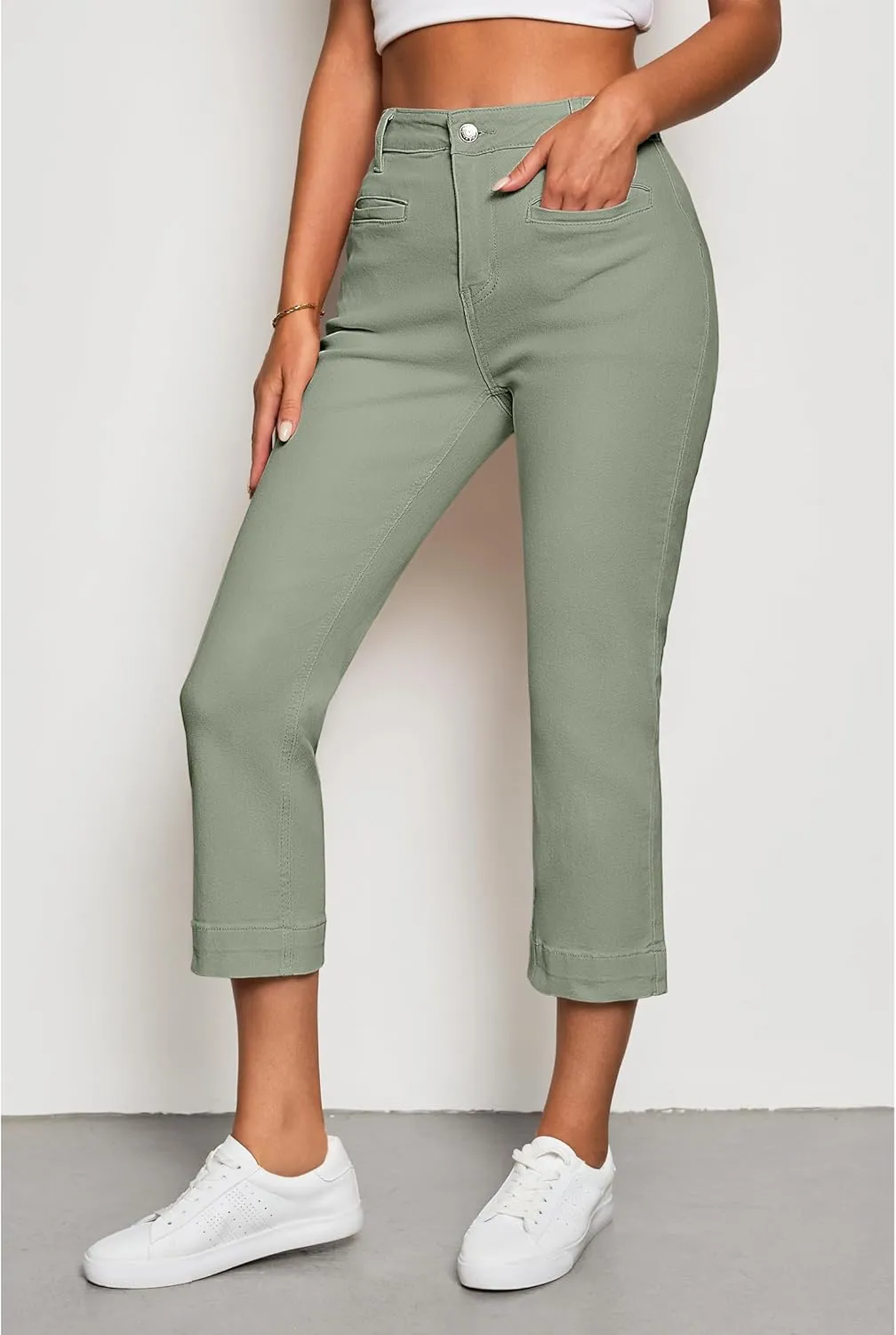 luvamia Capri Jeans for Women High Waisted Slim Straight Stretchy Denim Capris Pants Welt Pockets Casual Cropped Jeans