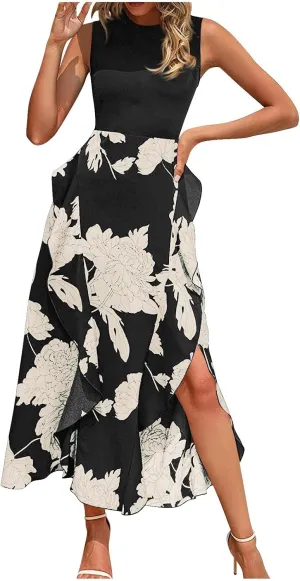Maxi Boho Sun dresseses for Women 2024 Elegant Sleeveless Split Beach Long Flowy Dress Casual Summer Floral Dresses