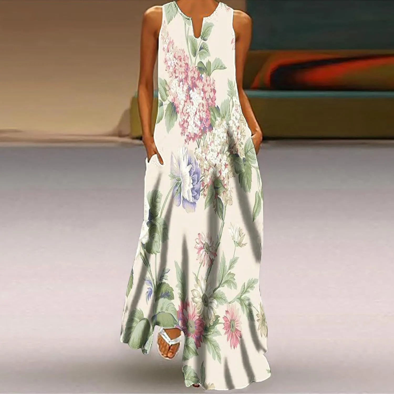 Maxi Sundress for Women Trendy 2025 Summer Dress Floral Print V Neck Dresses Sleeveless Boho Dress Beach Outfits