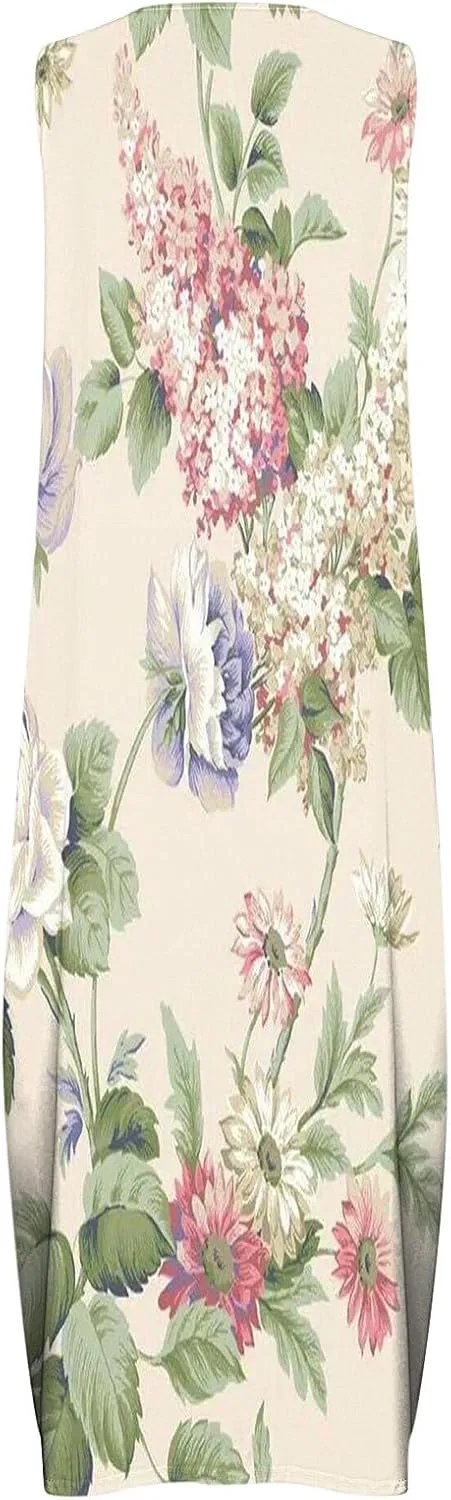 Maxi Sundress for Women Trendy 2025 Summer Dress Floral Print V Neck Dresses Sleeveless Boho Dress Beach Outfits