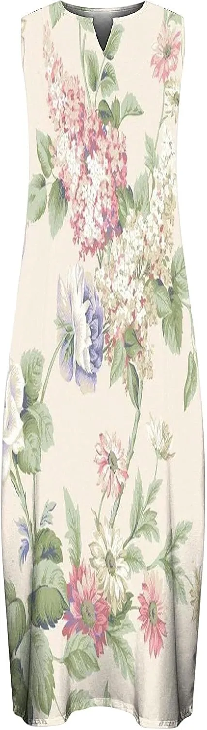 Maxi Sundress for Women Trendy 2025 Summer Dress Floral Print V Neck Dresses Sleeveless Boho Dress Beach Outfits