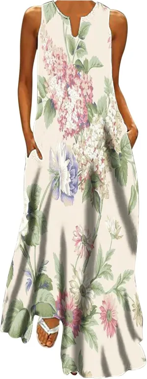 Maxi Sundress for Women Trendy 2025 Summer Dress Floral Print V Neck Dresses Sleeveless Boho Dress Beach Outfits