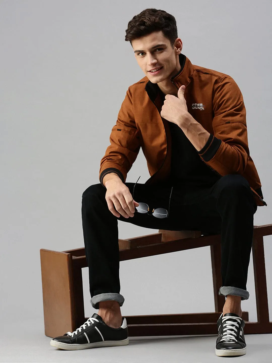 Men Brown Typography Bomber Jacket