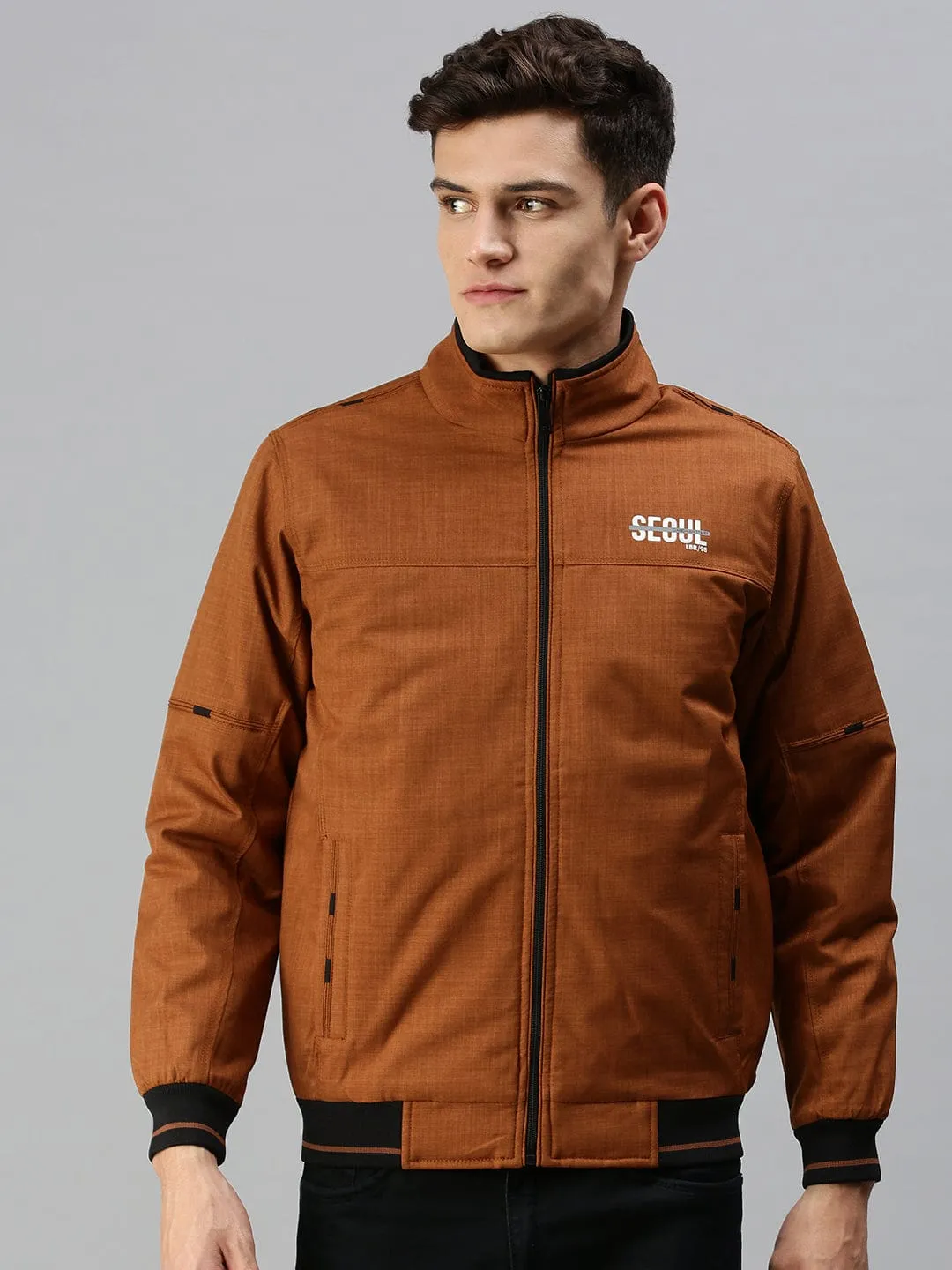 Men Brown Typography Bomber Jacket