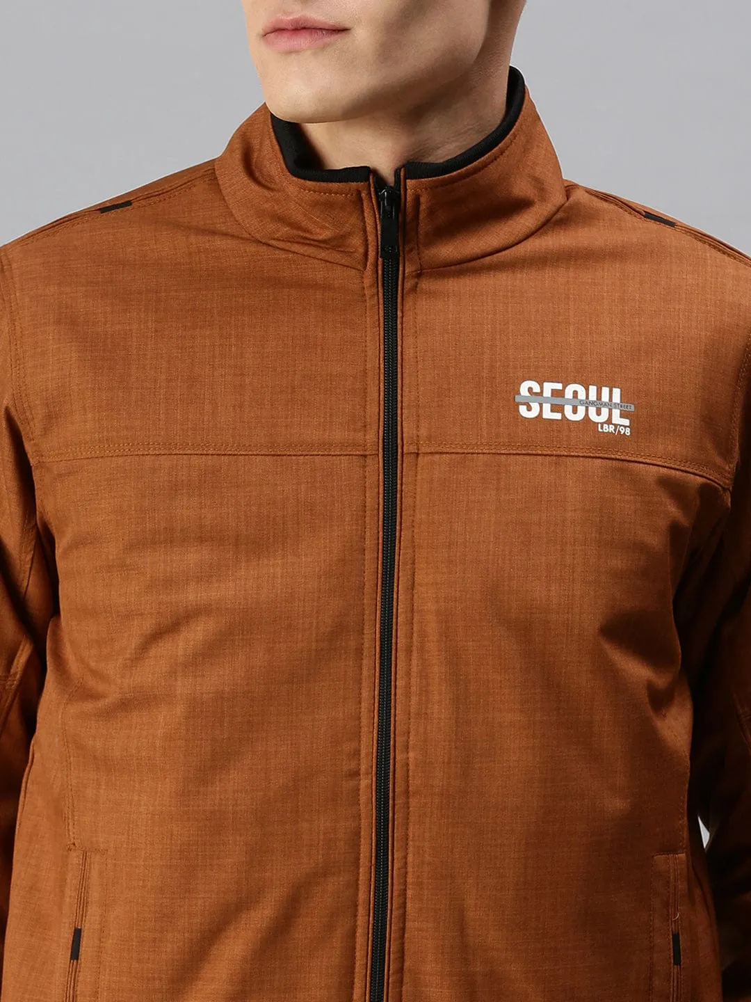 Men Brown Typography Bomber Jacket