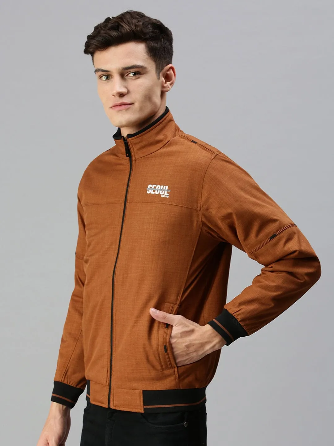 Men Brown Typography Bomber Jacket