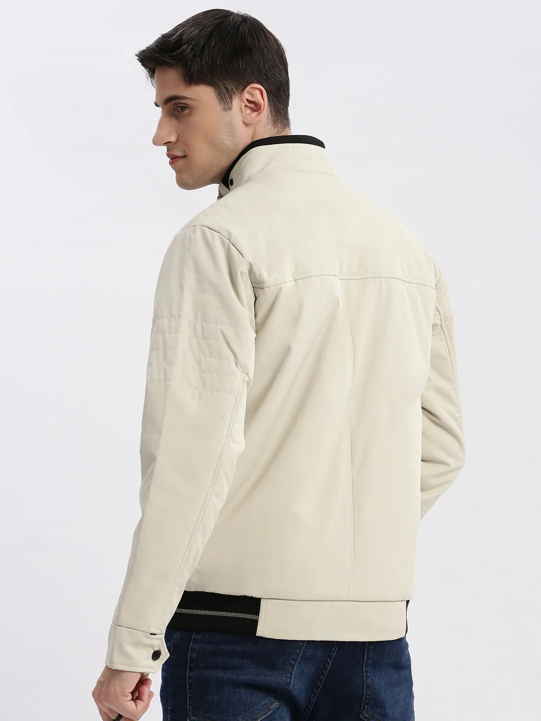 Men Cream Windcheater Mock Collar Bomber Jacket