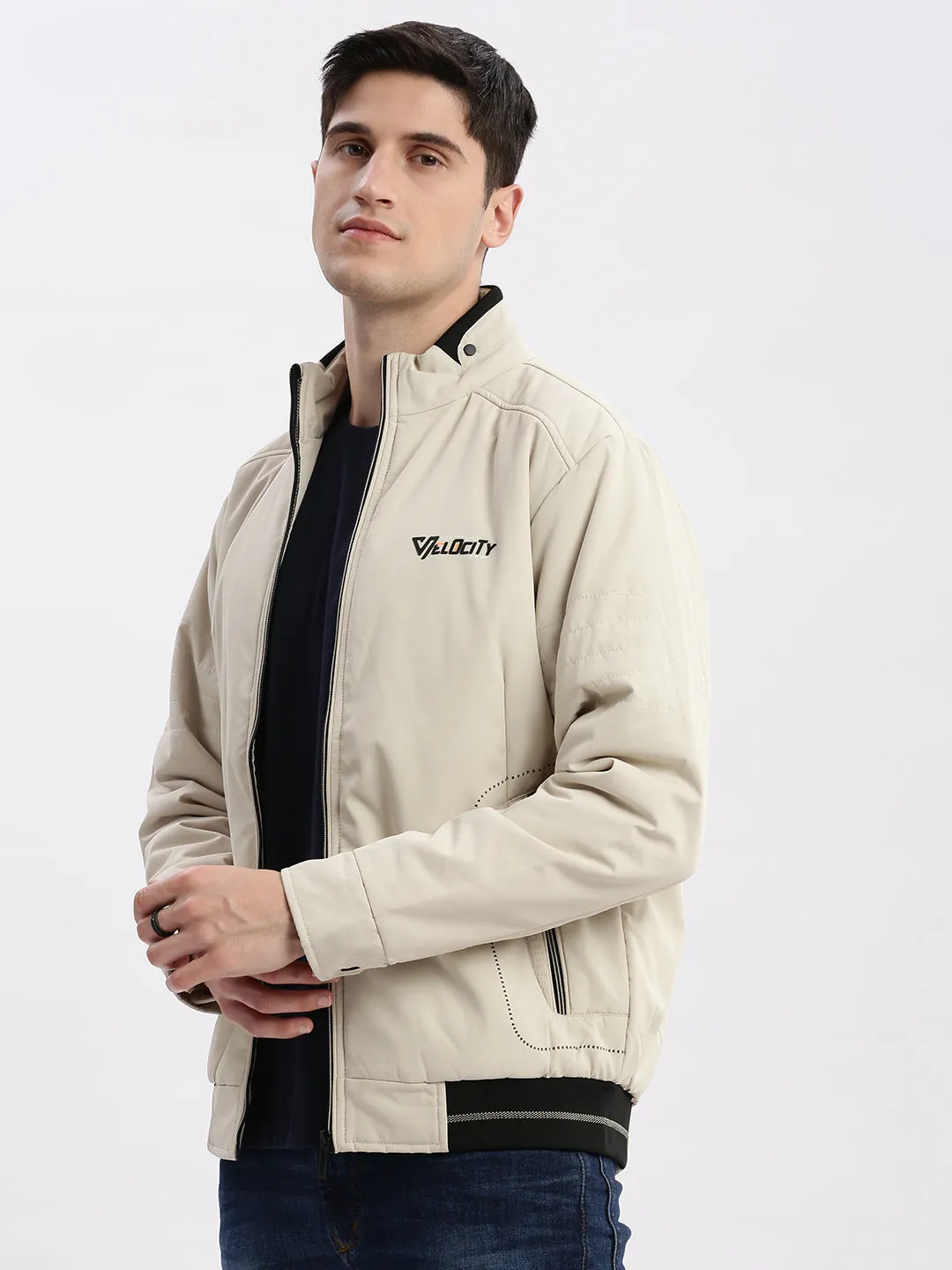 Men Cream Windcheater Mock Collar Bomber Jacket