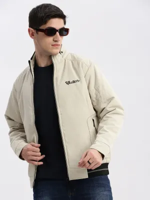 Men Cream Windcheater Mock Collar Bomber Jacket