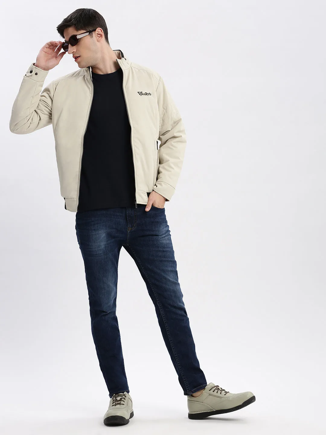 Men Cream Windcheater Mock Collar Bomber Jacket