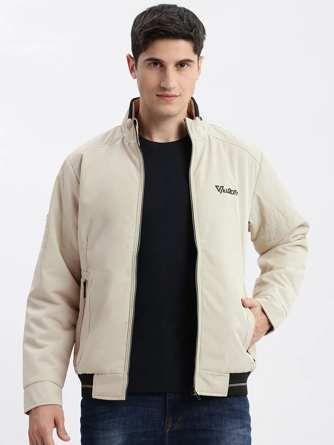 Men Cream Windcheater Mock Collar Bomber Jacket