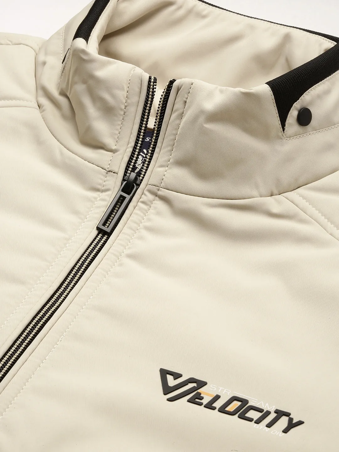 Men Cream Windcheater Mock Collar Bomber Jacket