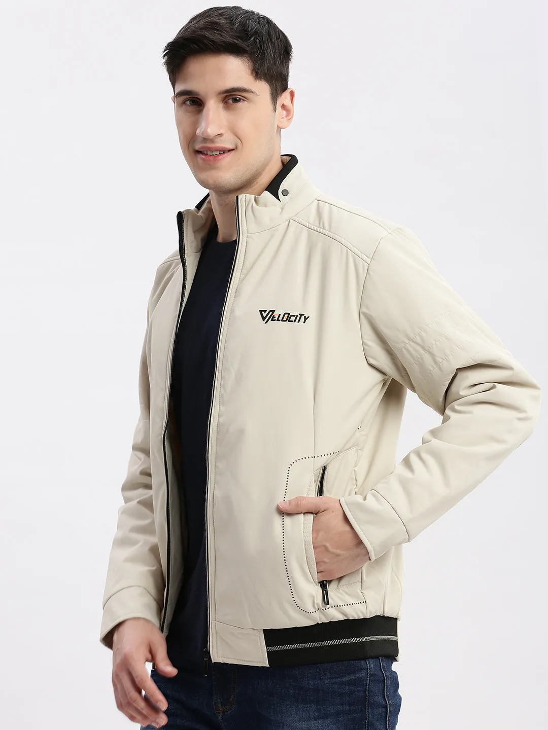 Men Cream Windcheater Mock Collar Bomber Jacket
