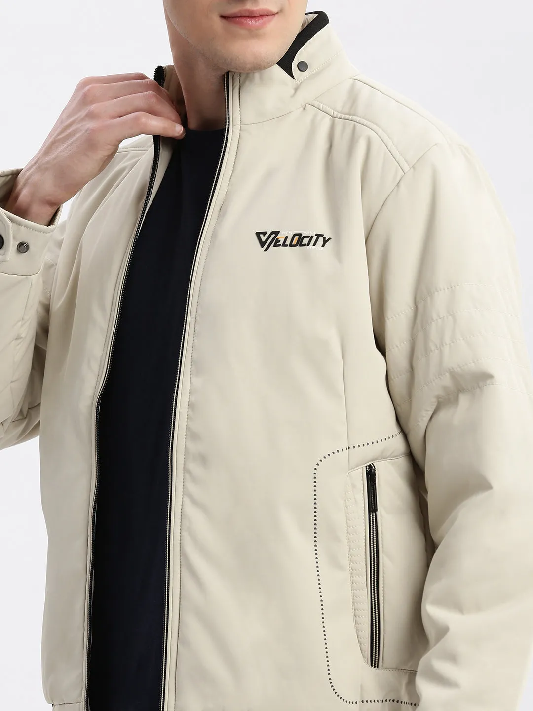 Men Cream Windcheater Mock Collar Bomber Jacket