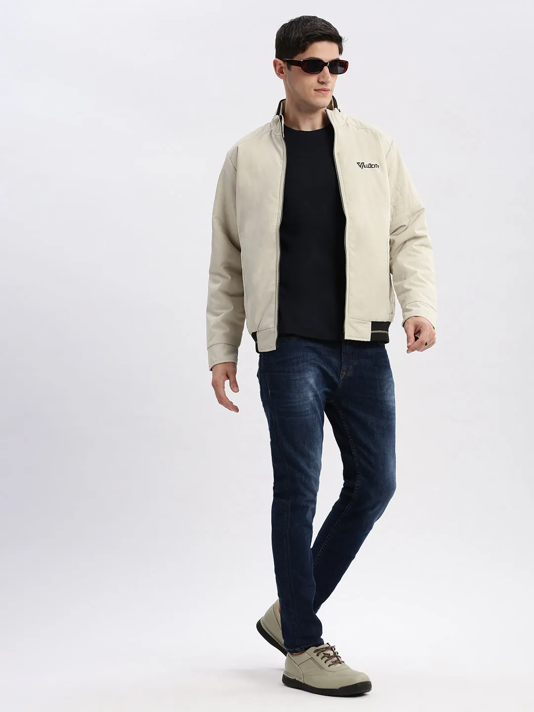 Men Cream Windcheater Mock Collar Bomber Jacket