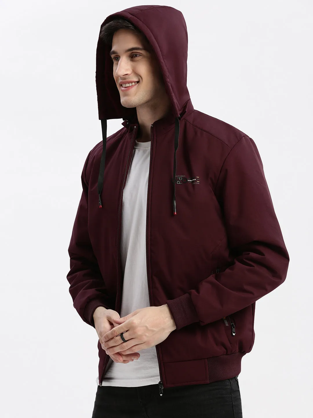 Men Maroon Rapid-Dry Windcheater Hooded Bomber Jacket