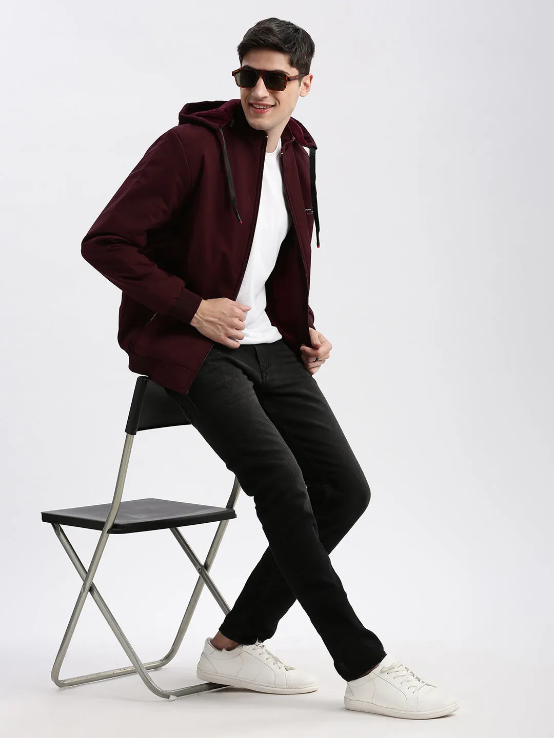 Men Maroon Rapid-Dry Windcheater Hooded Bomber Jacket