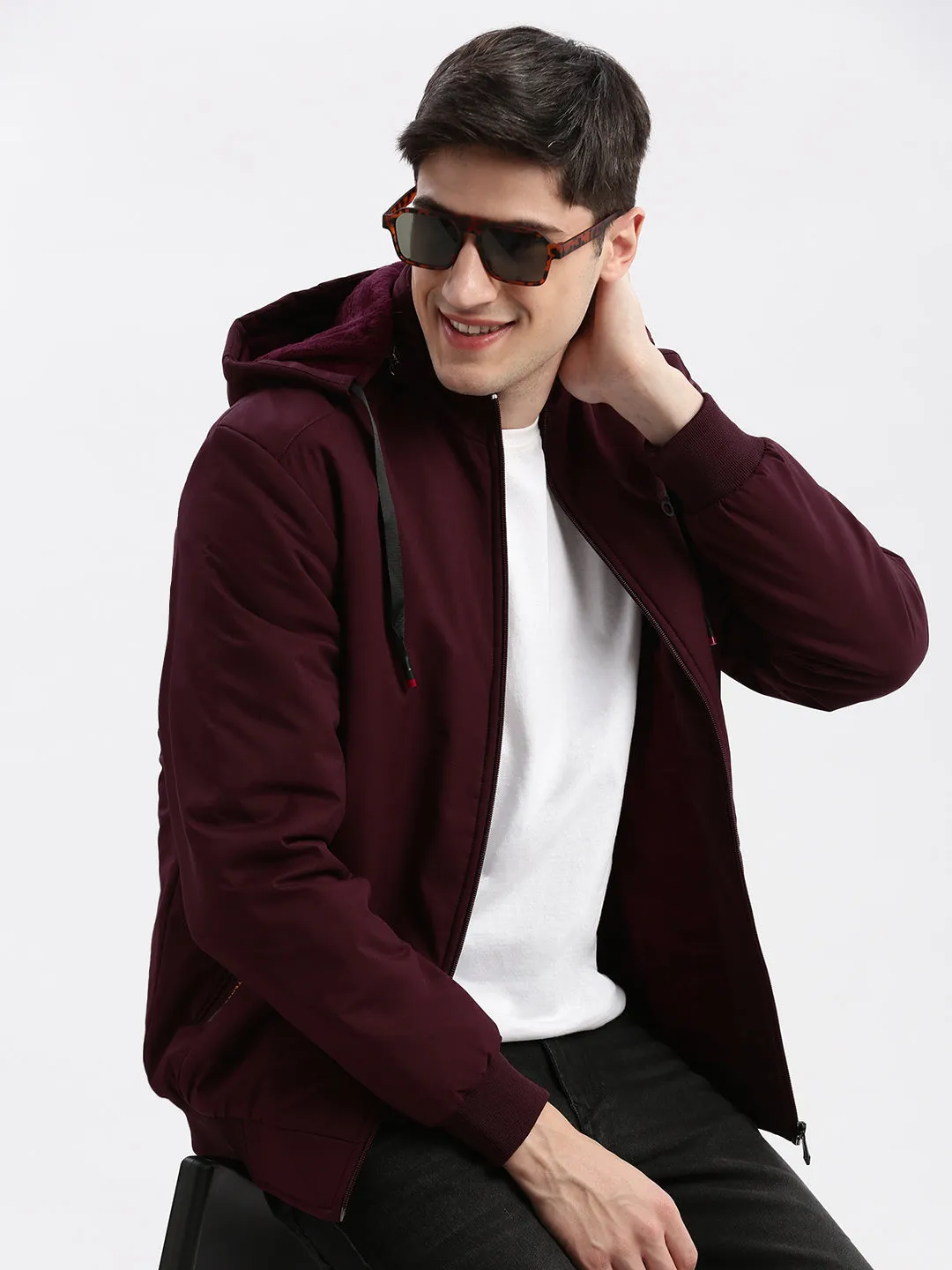 Men Maroon Rapid-Dry Windcheater Hooded Bomber Jacket