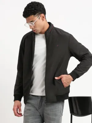 Men Mock Collar Black Classic Bomber Jacket