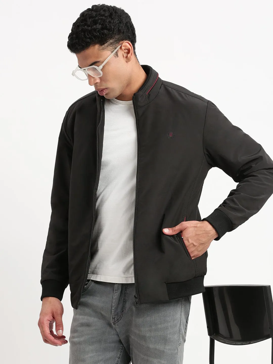 Men Mock Collar Black Classic Bomber Jacket