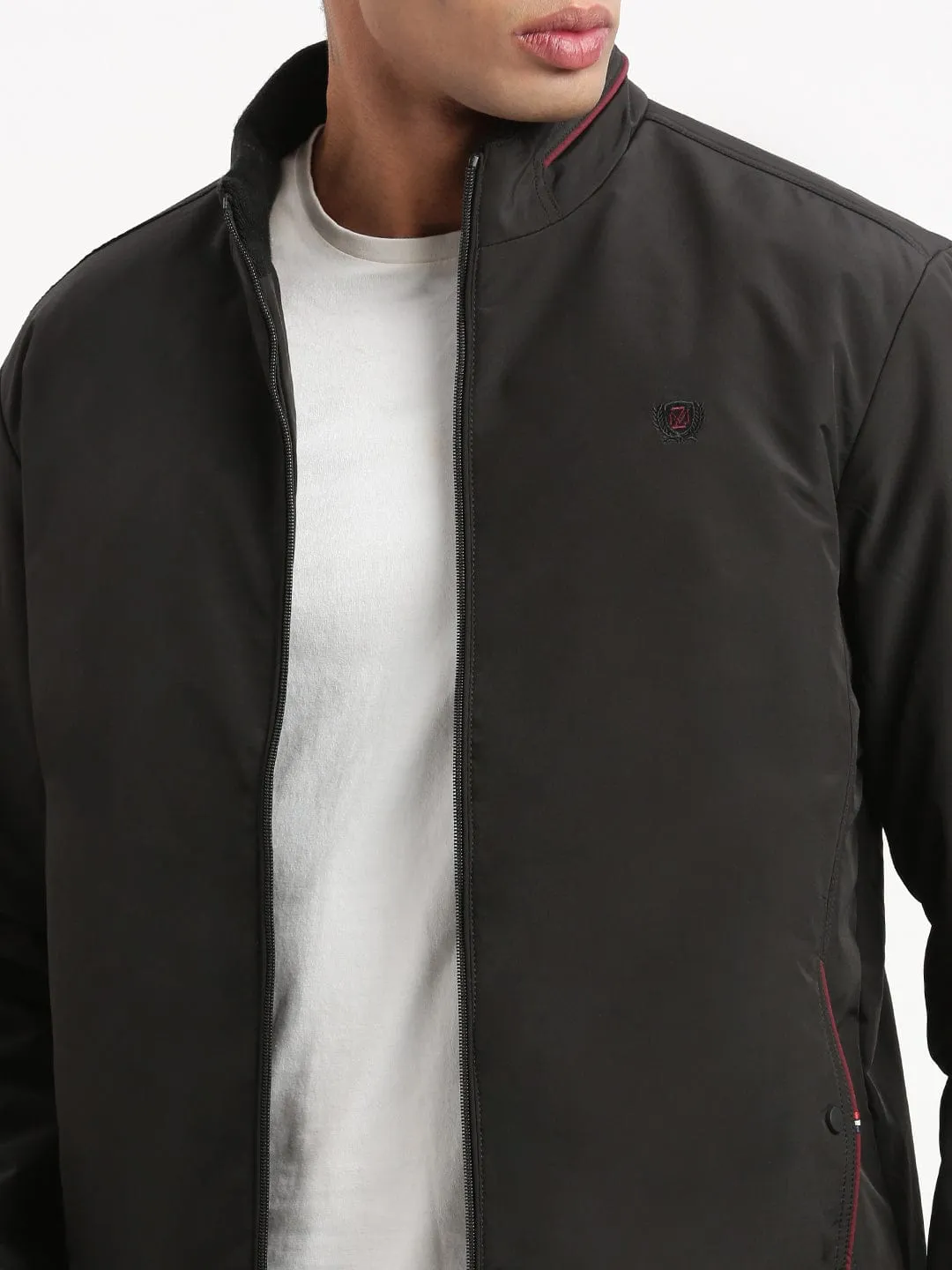 Men Mock Collar Black Classic Bomber Jacket