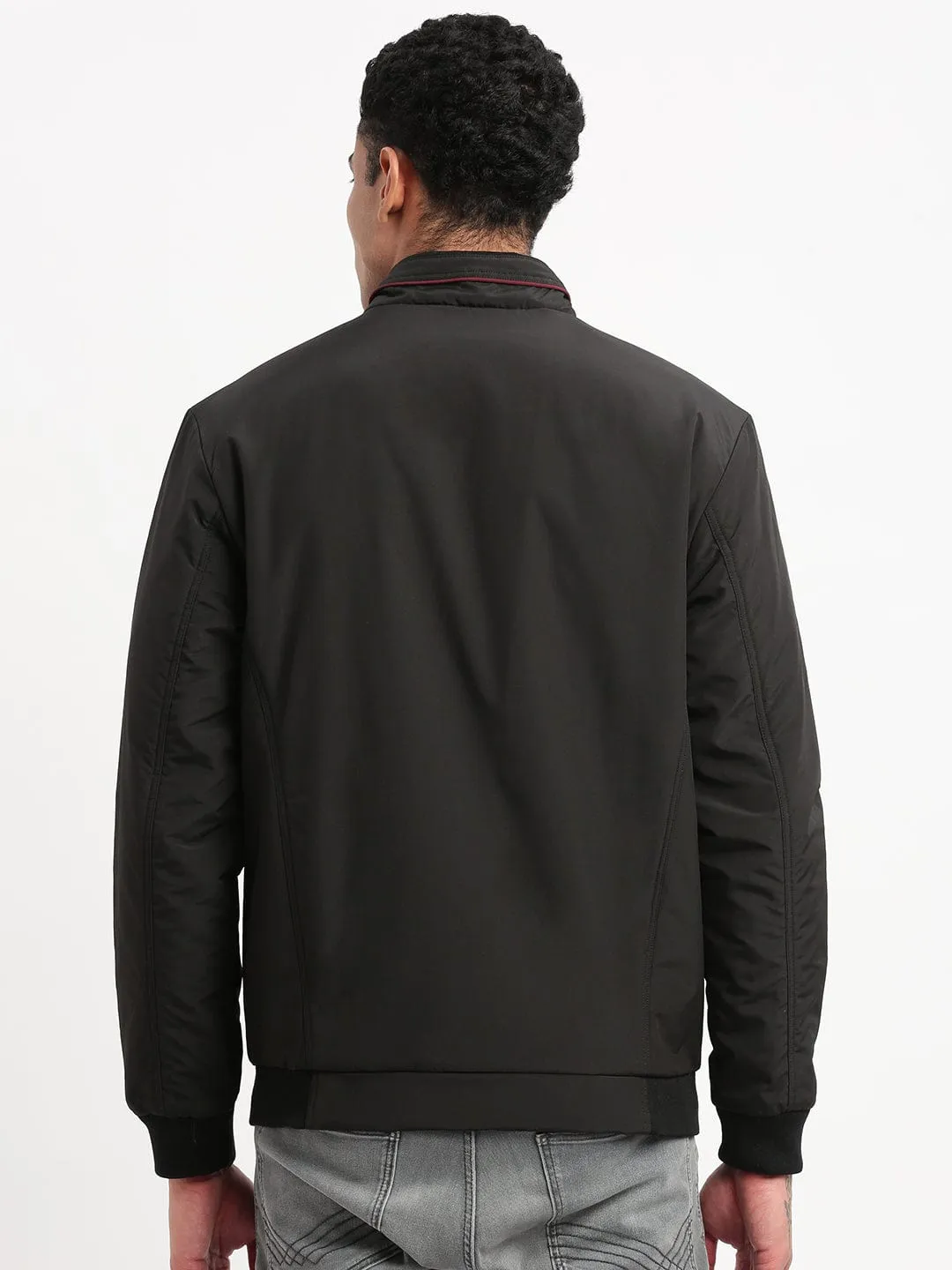 Men Mock Collar Black Classic Bomber Jacket