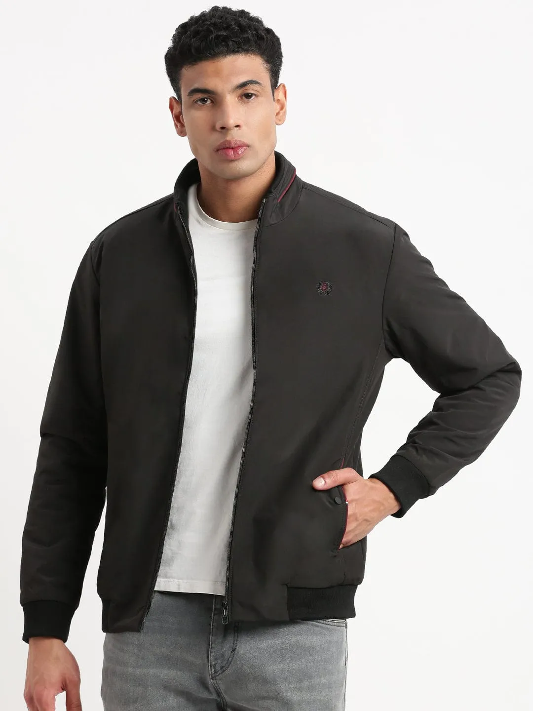 Men Mock Collar Black Classic Bomber Jacket