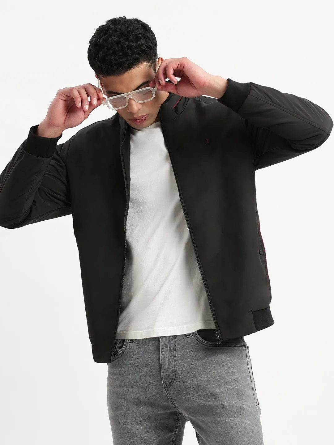 Men Mock Collar Black Classic Bomber Jacket