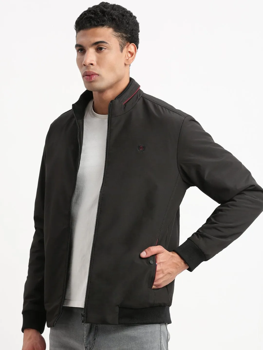 Men Mock Collar Black Classic Bomber Jacket