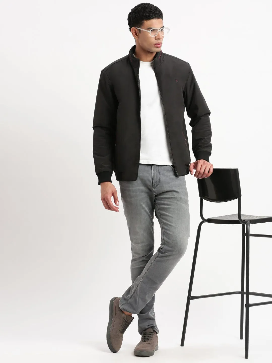Men Mock Collar Black Classic Bomber Jacket