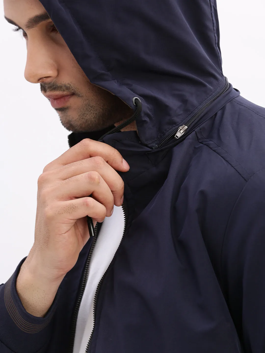 Men Mock Collar Navy Blue Solid Bomber Jacket comes with Detachable Hoodie