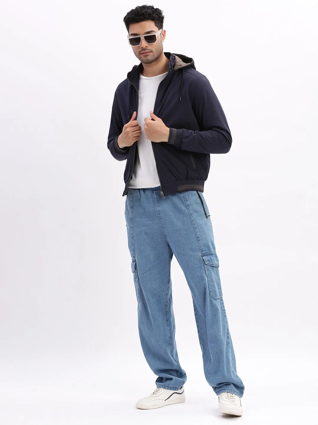 Men Mock Collar Navy Blue Solid Bomber Jacket comes with Detachable Hoodie