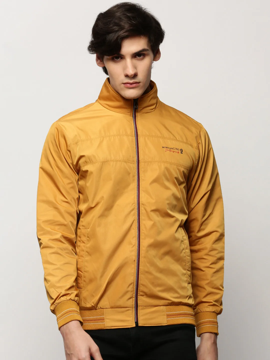 Men Mustard Mock Collar Bomber Jacket