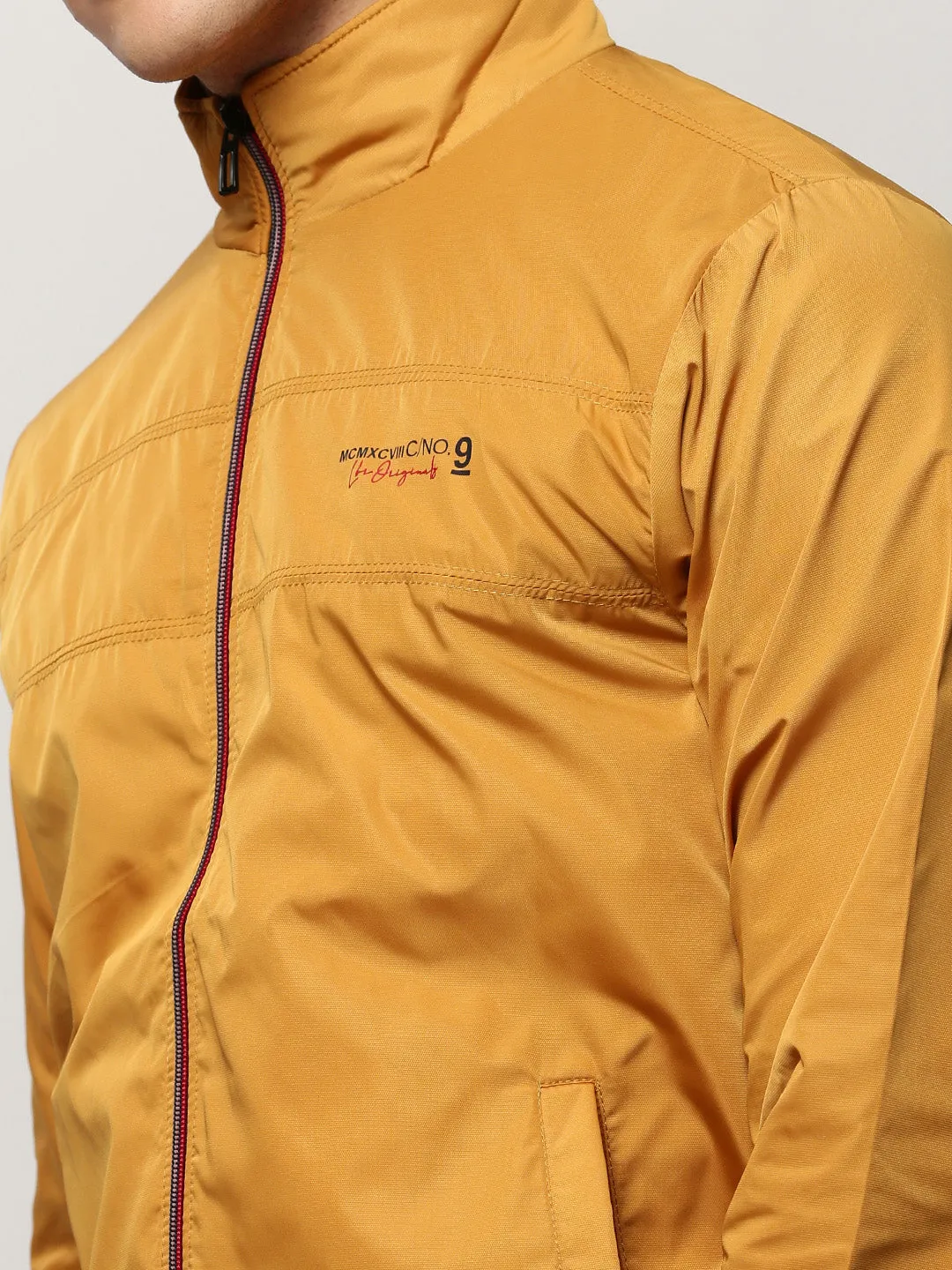 Men Mustard Mock Collar Bomber Jacket
