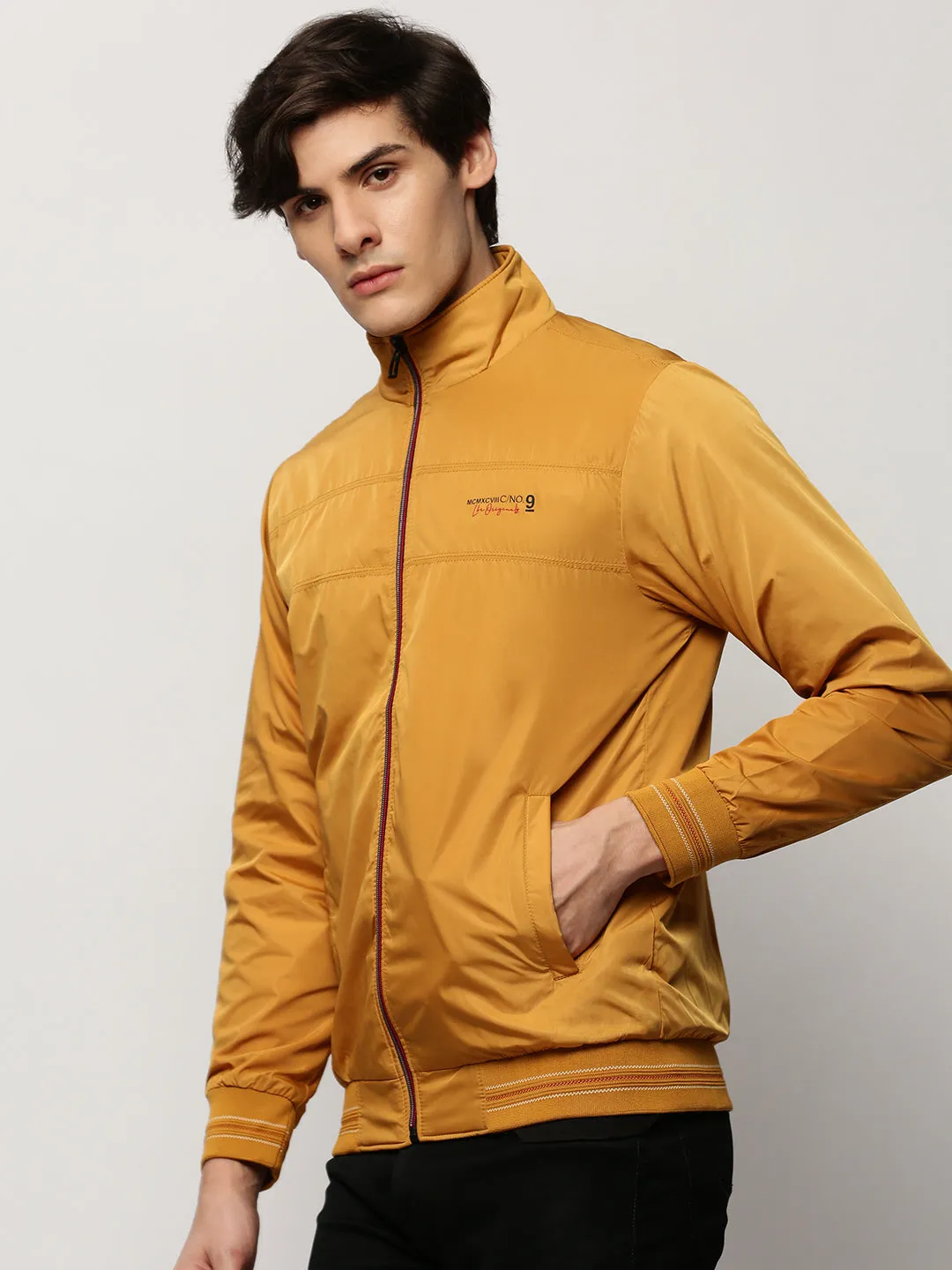 Men Mustard Mock Collar Bomber Jacket