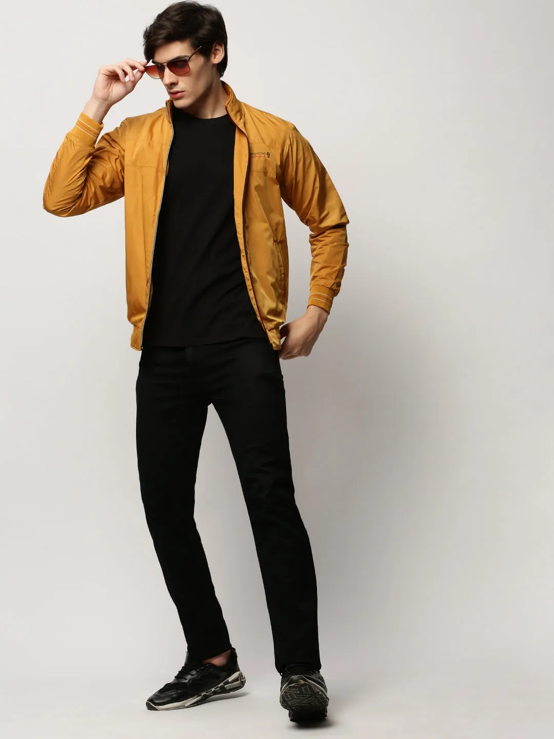 Men Mustard Mock Collar Bomber Jacket
