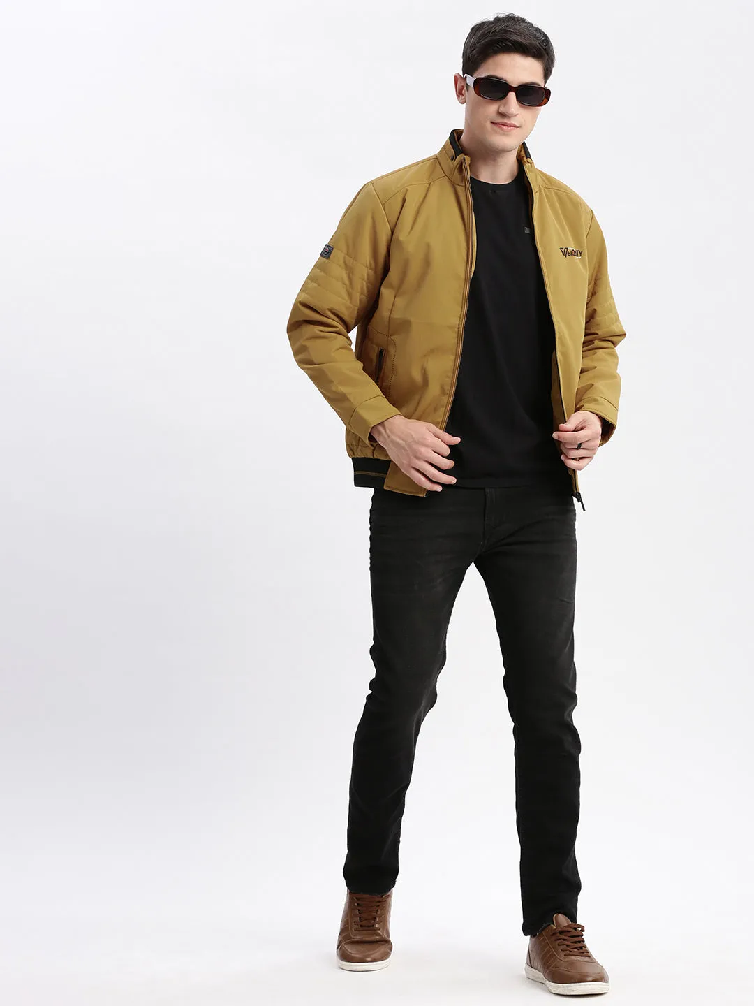 Men Mustard Stand Collar Rapid-Dry Technology Windcheater Bomber Jacket