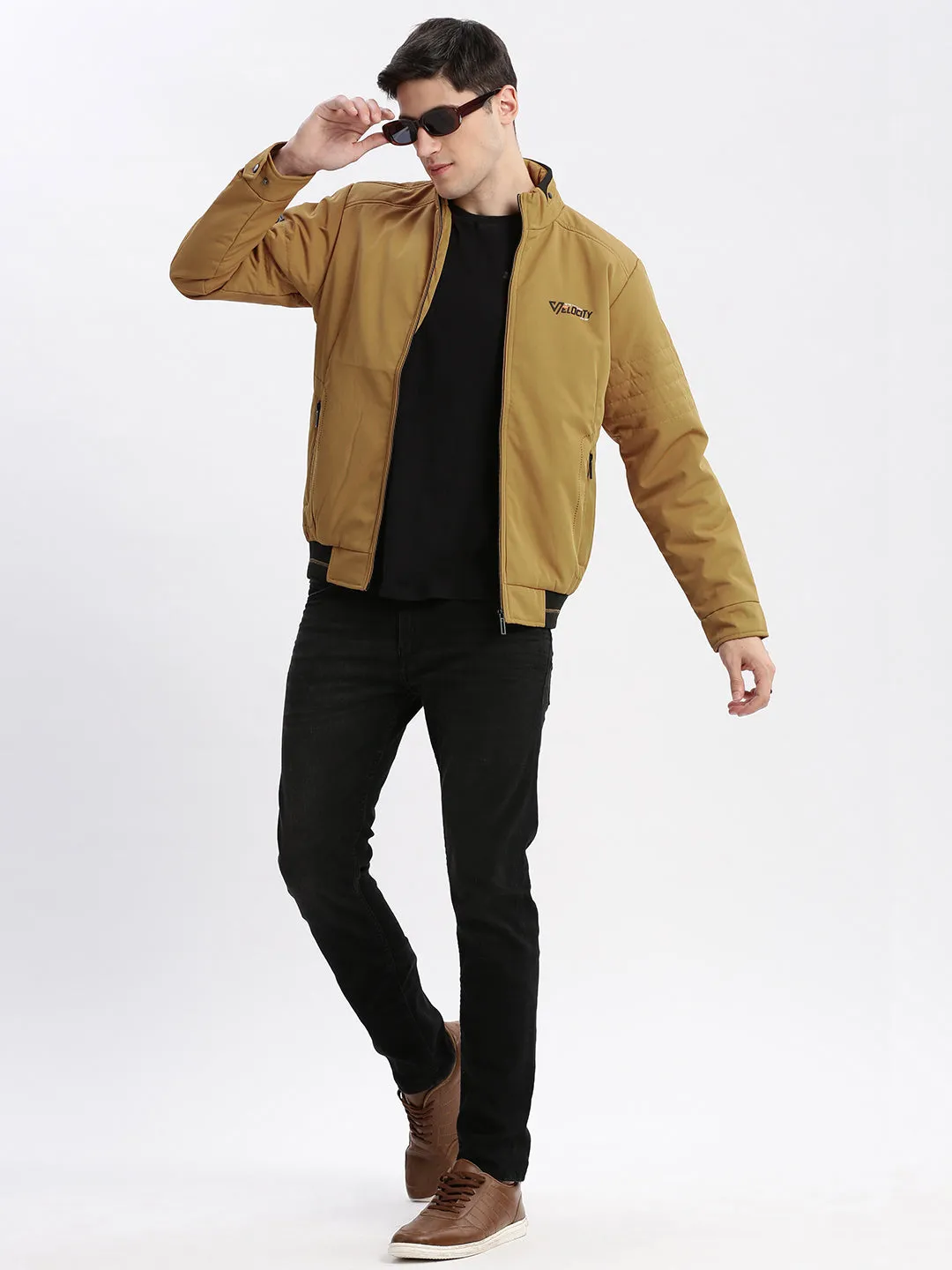 Men Mustard Stand Collar Rapid-Dry Technology Windcheater Bomber Jacket