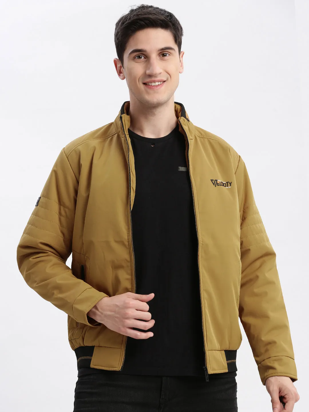 Men Mustard Stand Collar Rapid-Dry Technology Windcheater Bomber Jacket