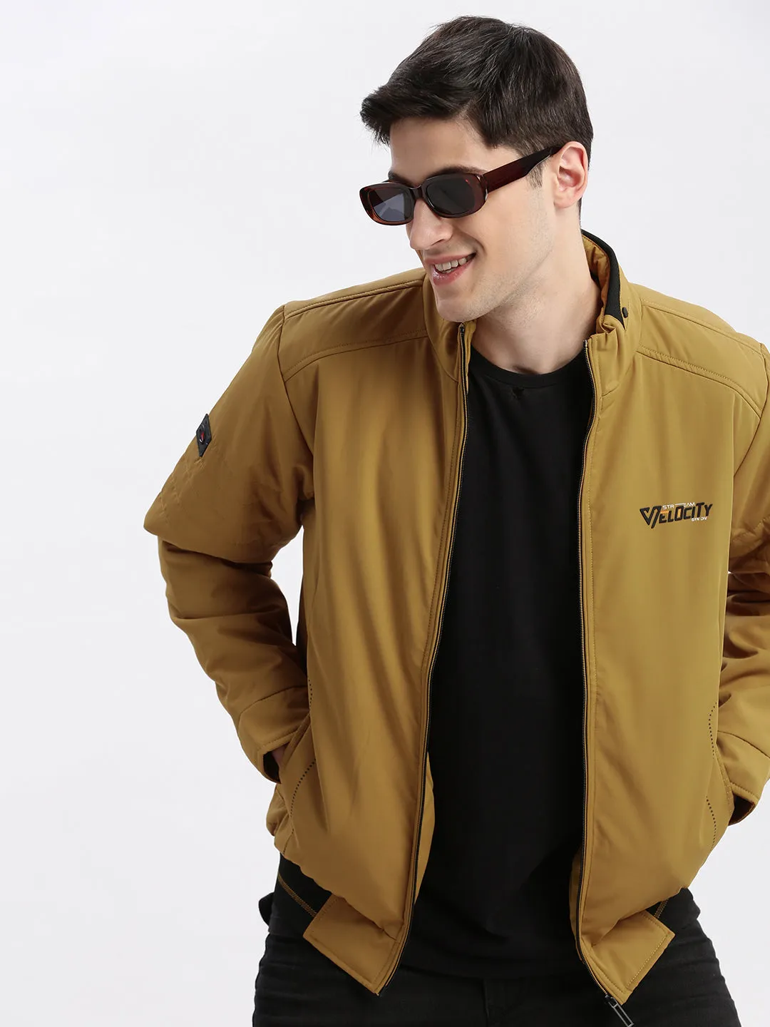 Men Mustard Stand Collar Rapid-Dry Technology Windcheater Bomber Jacket