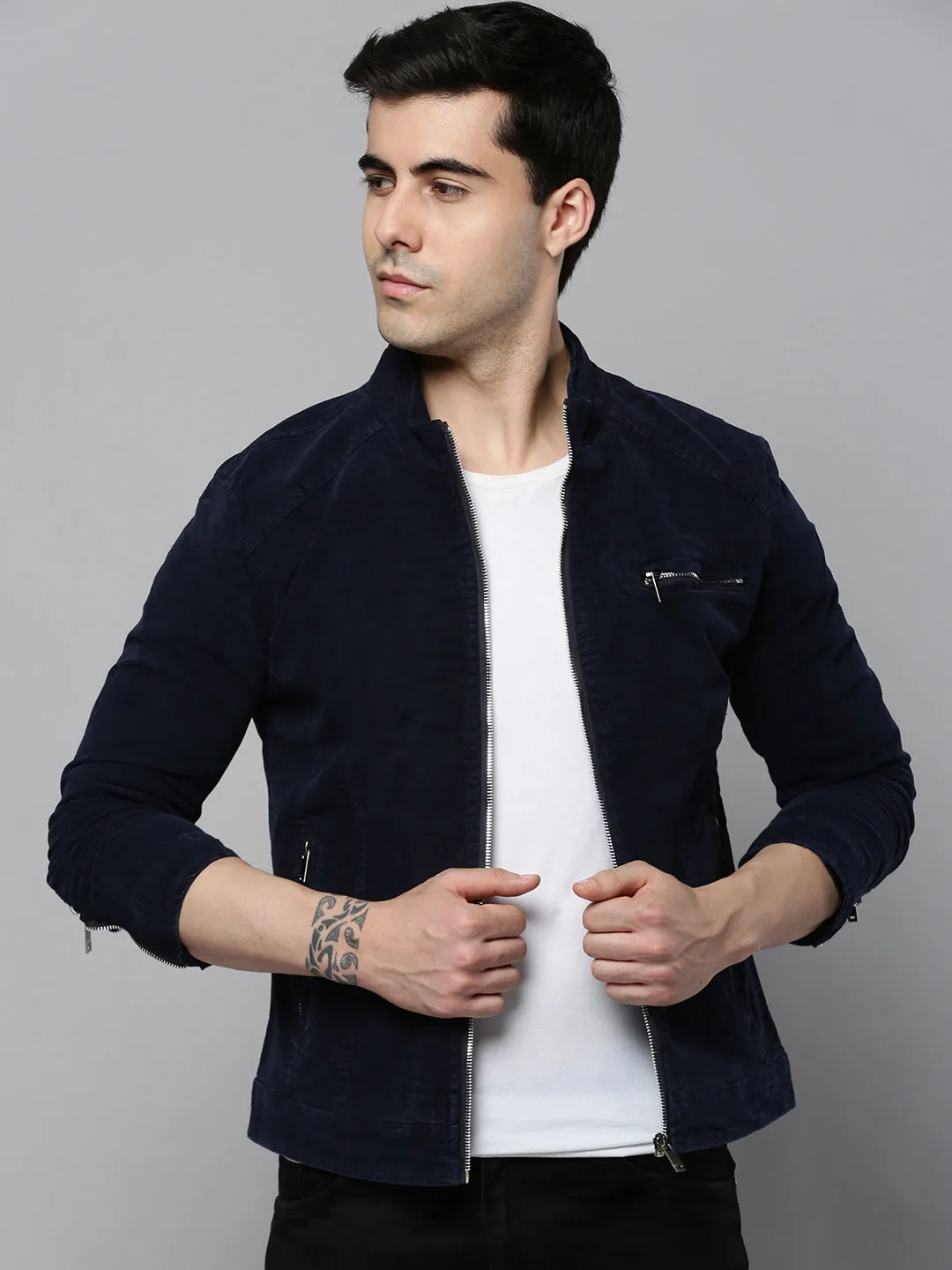 Men Navy Blue Bomber Jacket