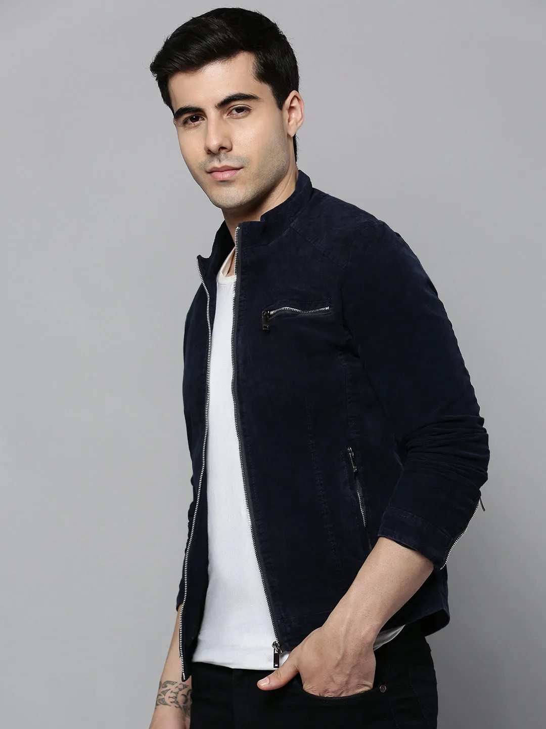 Men Navy Blue Bomber Jacket